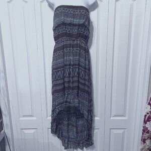 Papaya Strapless High Low Sheer Flowy Ruffled Stretch Dress-Large-Brown/Blue